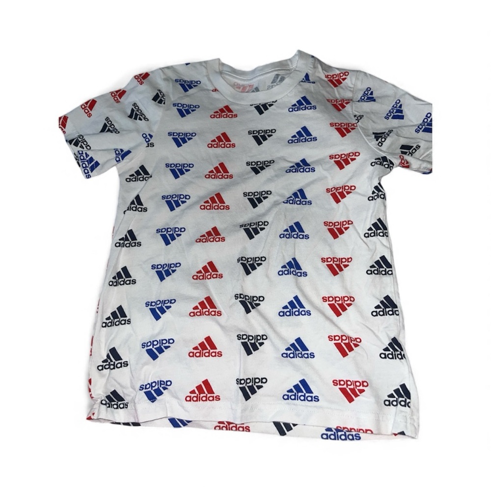 Adidas Kids' Tee with Red, Blue, and Black Logo Pattern